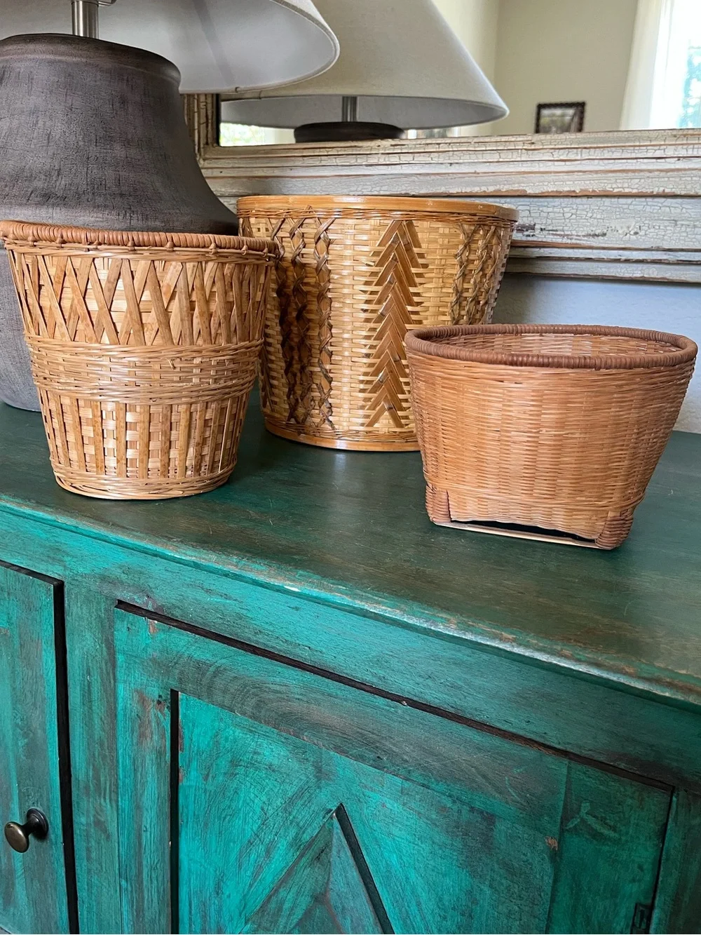 Set of 3 | BOHO Rattan Woven Baskets | Vintage | Large 8-1/4” T, Medium, Small